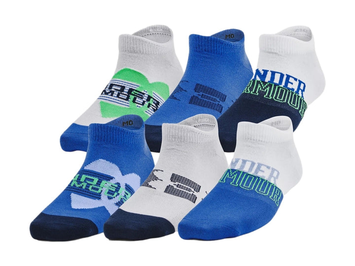 Paquete de 6 pares de calcetines deportivos Under Armour en colores azul, blanco y gris.