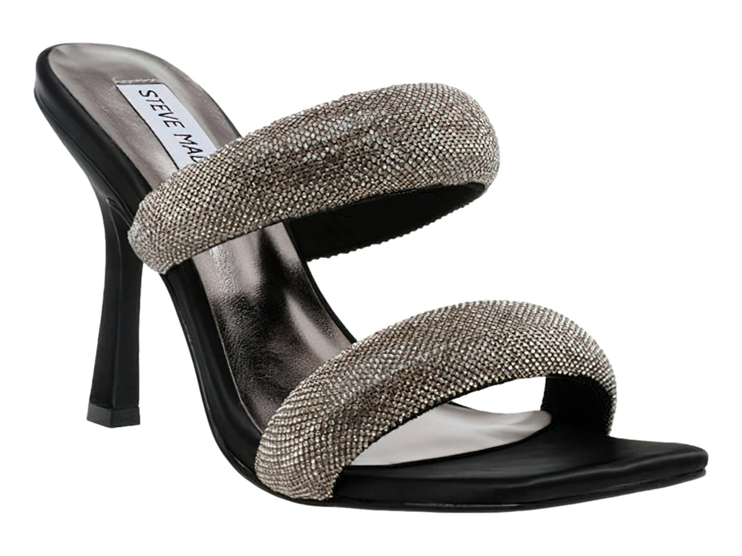 Sandalias de tacón alto negras con dos bandas brillantes en color peltre.