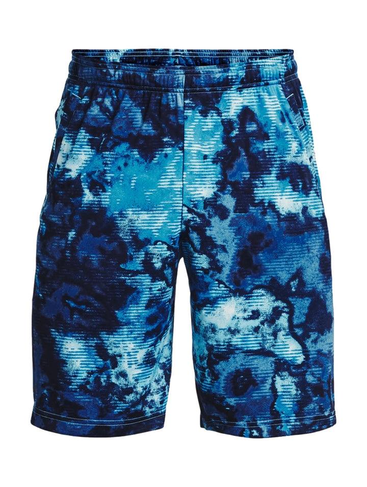 Shorts deportivos Under Armour color azul con estampado abstracto.