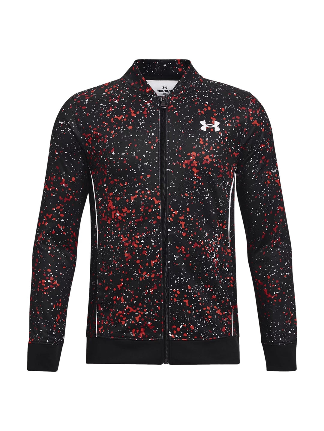 Chaqueta deportiva Under Armour negra con estampado de salpicaduras rojas y blancas y cierre frontal.