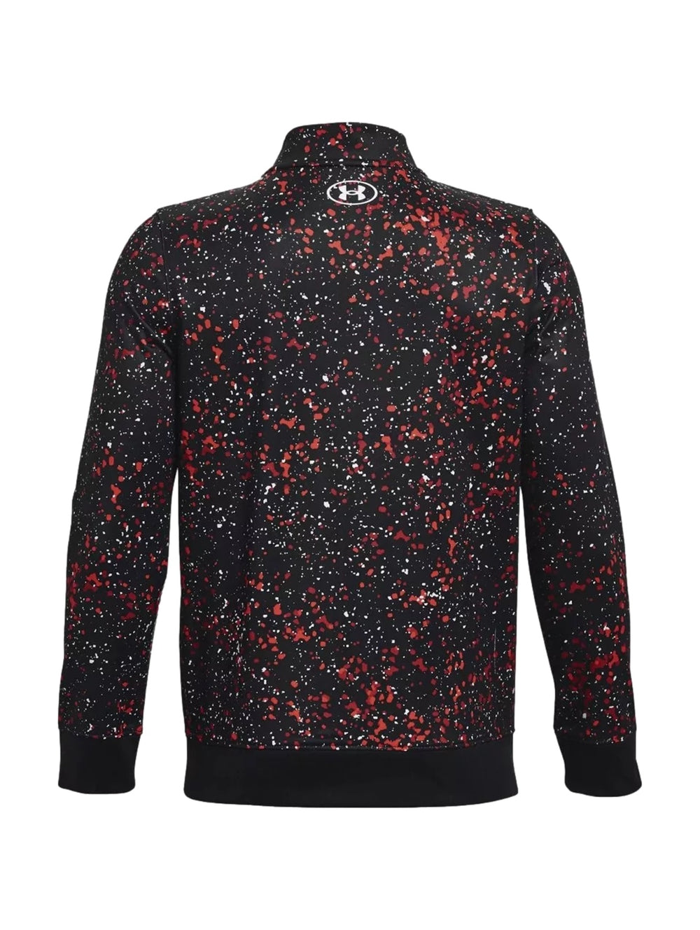 Chaqueta deportiva Under Armour negra con estampado de salpicaduras rojas y blancas y cierre frontal.