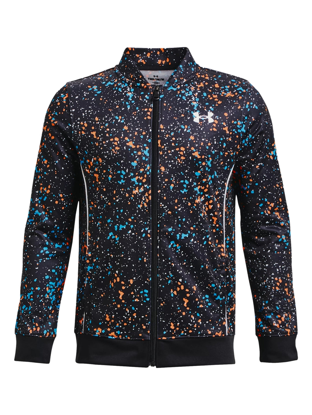 Chaqueta deportiva Under Armour negra con estampado de salpicaduras en color naranja y azul.