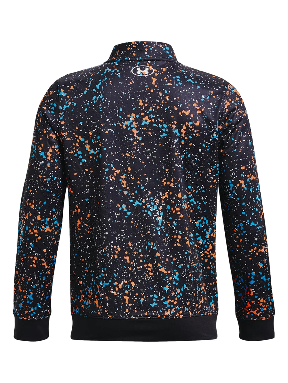 Chaqueta deportiva Under Armour negra con estampado de salpicaduras en color naranja y azul.