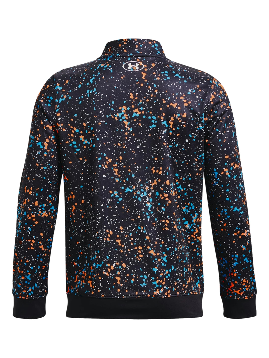 Chaqueta deportiva Under Armour negra con estampado de salpicaduras en color naranja y azul.