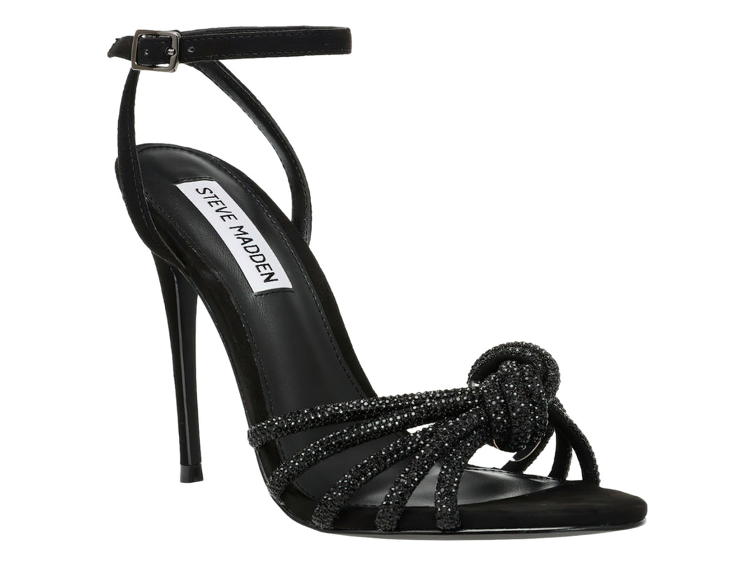 Sandalia negra de tacón alto Steve Madden con tiras brillantes decoradas con cristales y un nudo en la parte frontal.