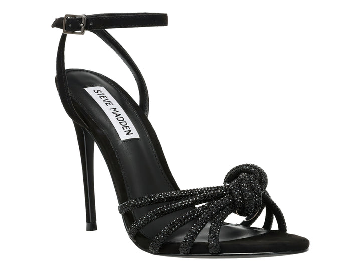 Sandalia negra de tacón alto Steve Madden con tiras brillantes decoradas con cristales y un nudo en la parte frontal.