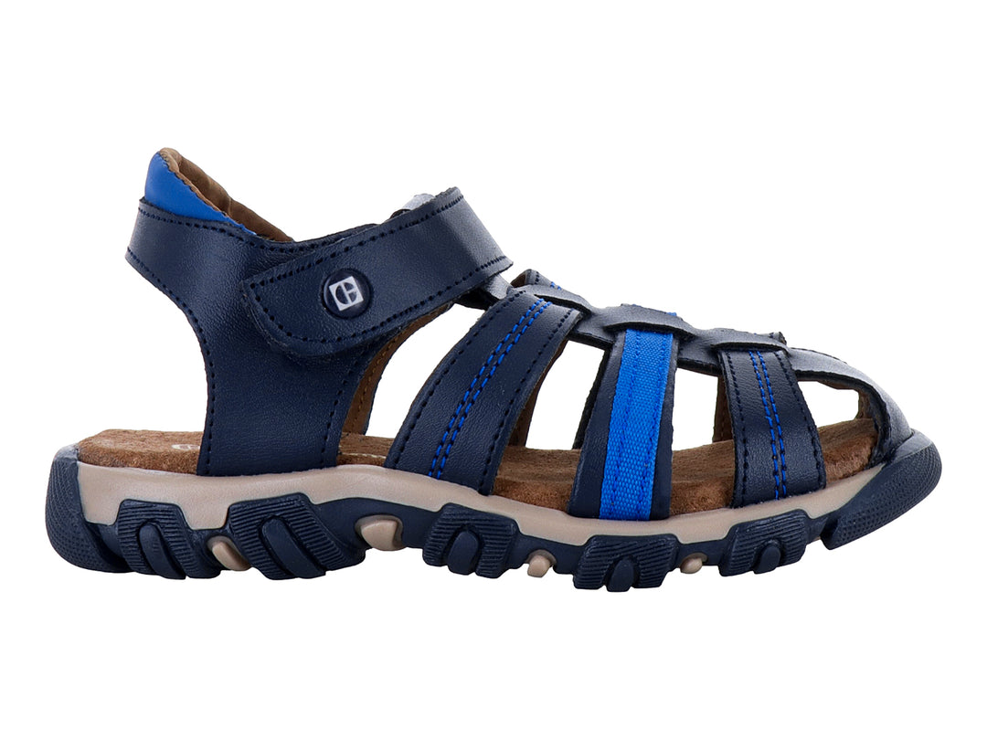 Sandalia infantil Confratelli color azul marino con suela beige y detalles en azul.