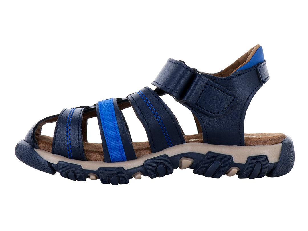 Sandalia infantil Confratelli color azul marino con suela beige y detalles en azul.