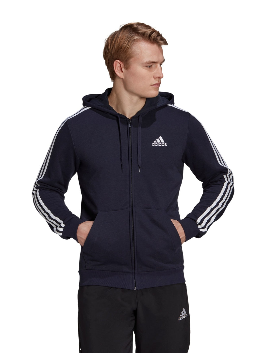 Sudadera azul marino con capucha y rayas blancas laterales de Adidas.