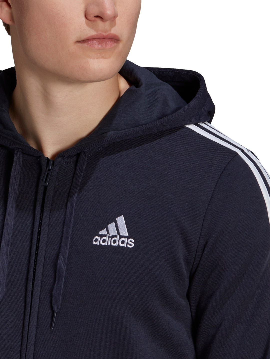 Sudadera azul marino con capucha y rayas blancas laterales de Adidas.