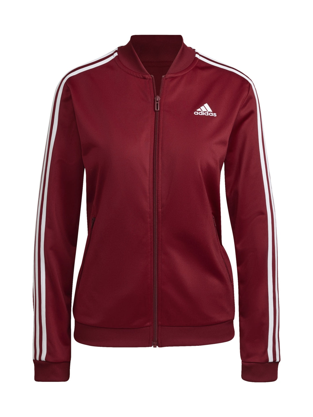 Conjunto deportivo Adidas con chaqueta color burgundy y pantalones azul marino con rayas blancas laterales.
