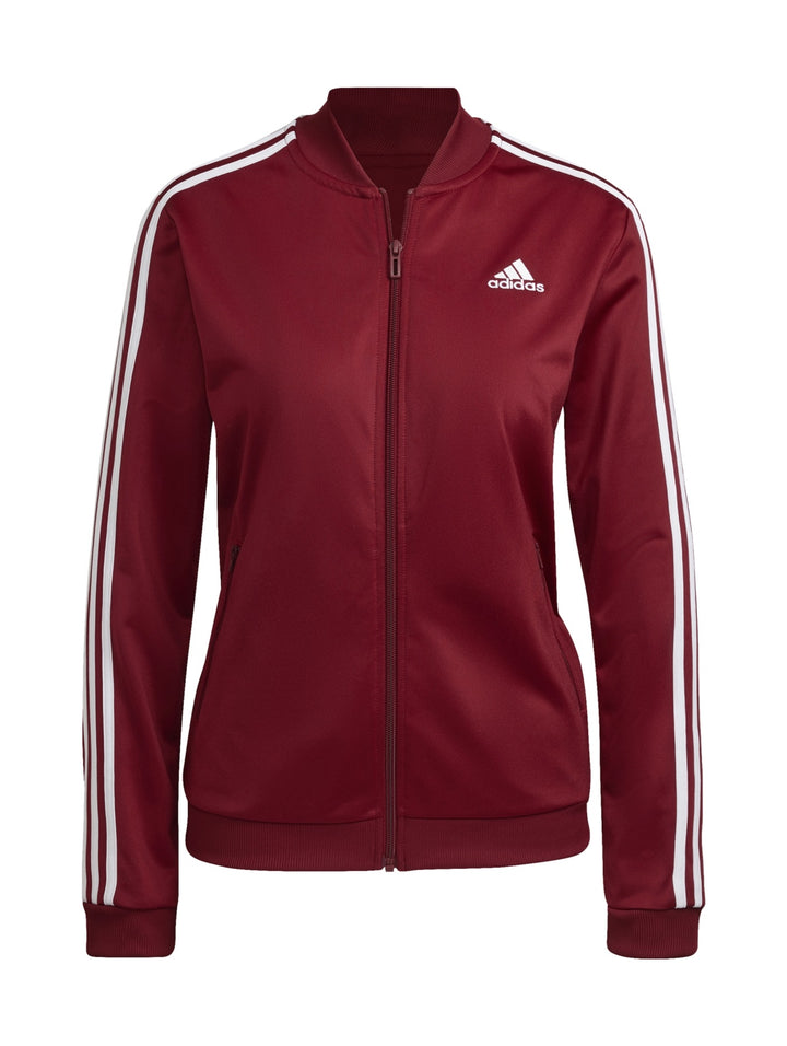 Conjunto deportivo Adidas con chaqueta color burgundy y pantalones azul marino con rayas blancas laterales.