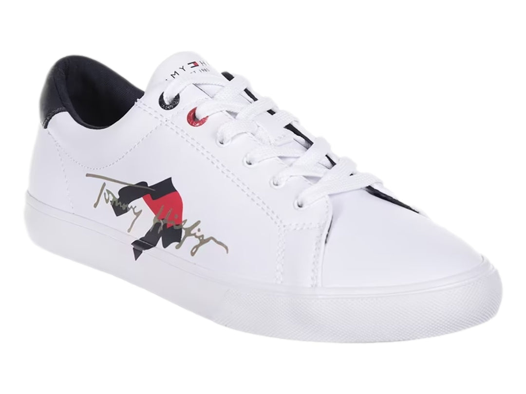 Tenis blancos Tommy Hilfiger para mujer con detalles en negro y logotipo en el costado.