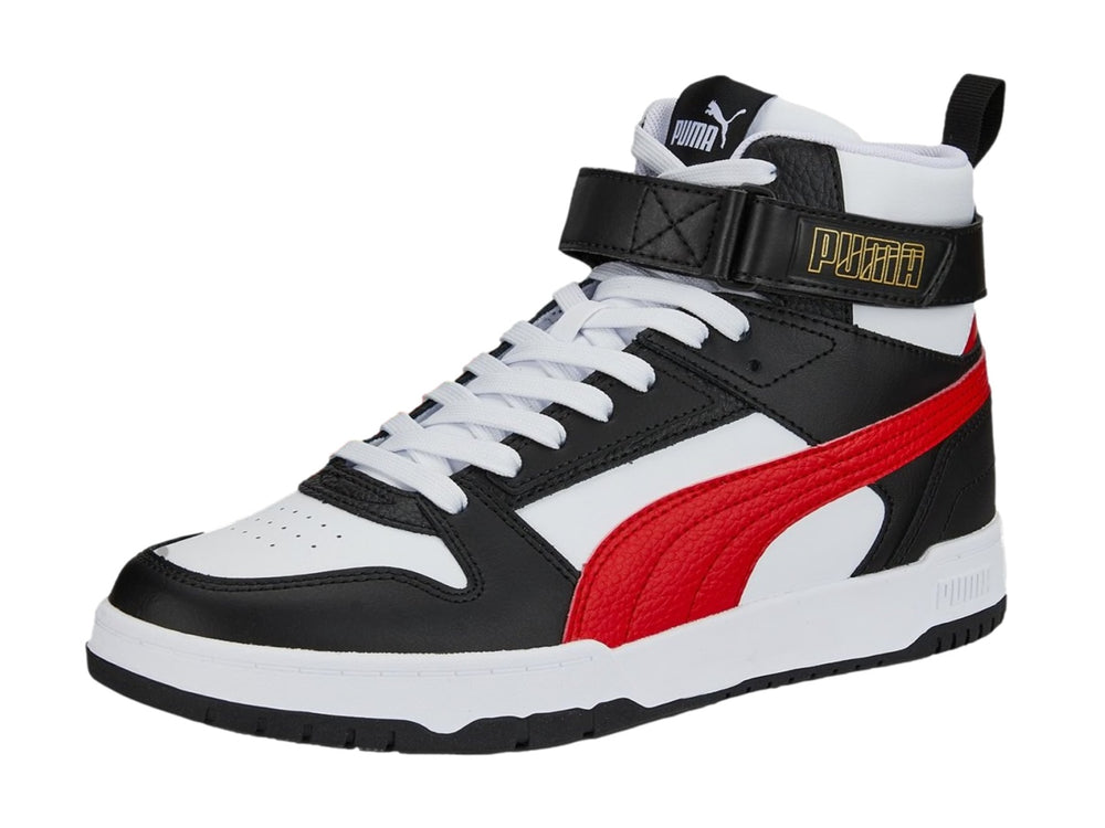 Tenis PUMA de bota en colores blanco, negro y rojo con correa en el tobillo.