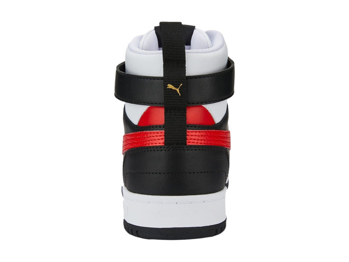 Tenis PUMA de bota en colores blanco, negro y rojo con correa en el tobillo.