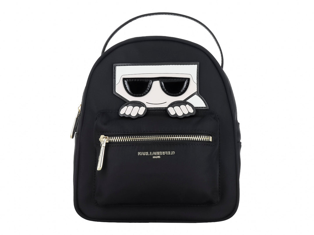 Mochila negra Karl Lagerfeld con diseño frontal de lentes de sol y manos.