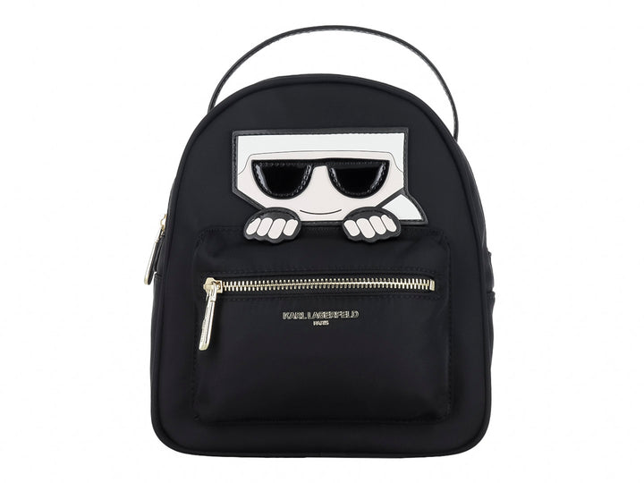 Mochila negra Karl Lagerfeld con diseño frontal de lentes de sol y manos.
