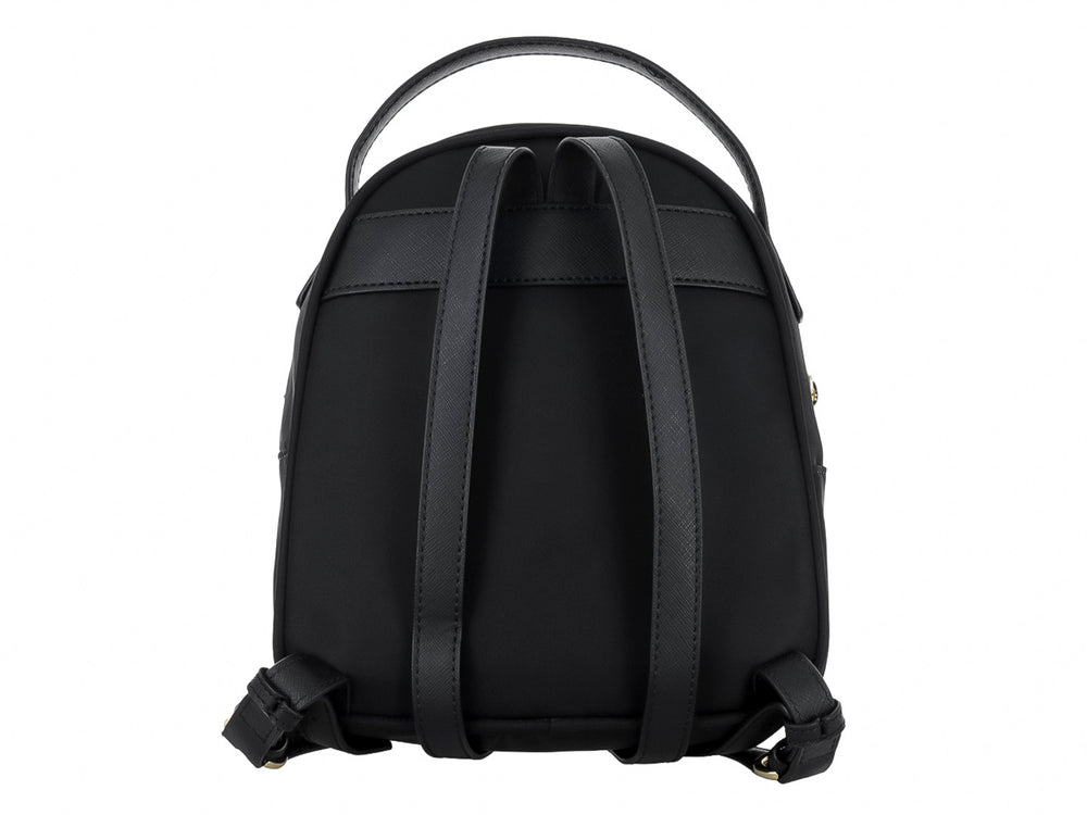 Mochila negra Karl Lagerfeld con diseño frontal de lentes de sol y manos.
