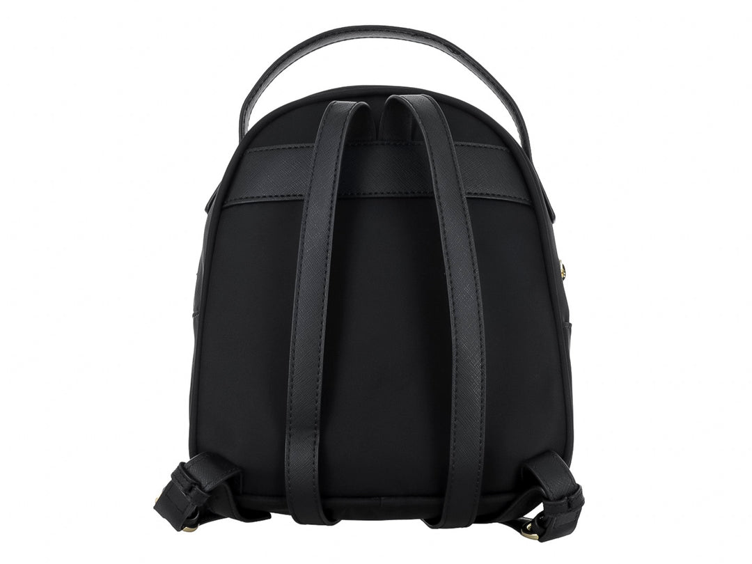 Mochila negra Karl Lagerfeld con diseño frontal de lentes de sol y manos.