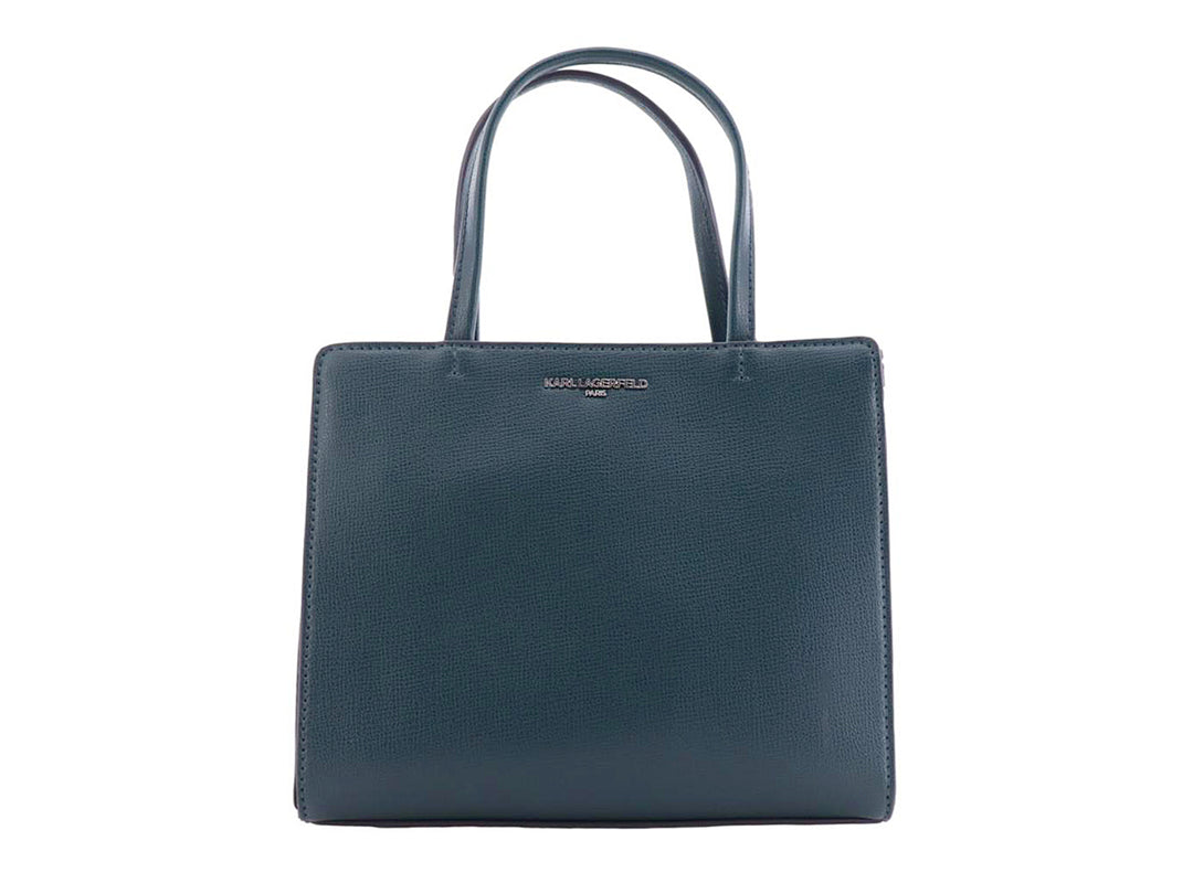 Bolso de mano rectangular color hunter con asas superiores y logotipo de Karl Lagerfeld.