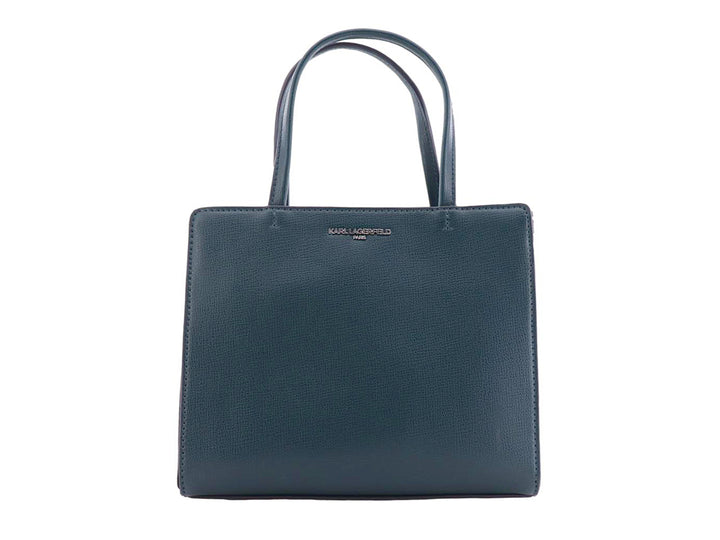 Bolso de mano rectangular color hunter con asas superiores y logotipo de Karl Lagerfeld.