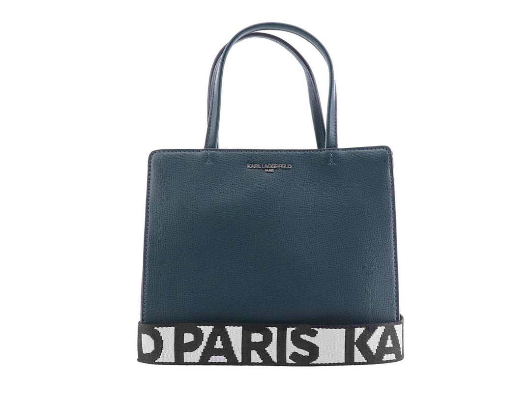 Bolso de mano rectangular color hunter con asas superiores y logotipo de Karl Lagerfeld.