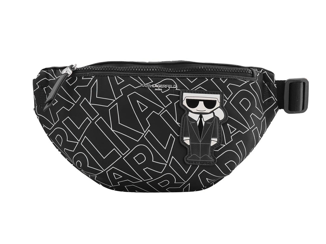 Cangurera negra de Karl Lagerfeld con estampado de letras blancas y figura decorativa frontal.