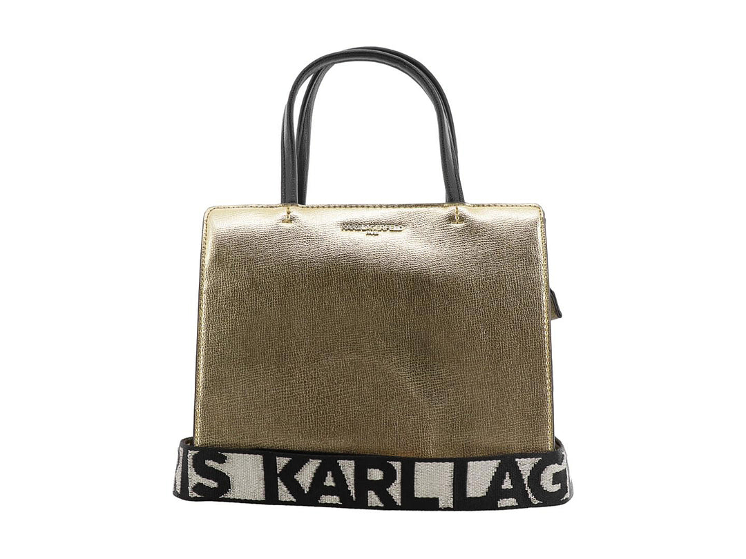 Bolso satchel Karl Lagerfeld en color dorado metálico con asas negras y banda inferior blanca y negra.
