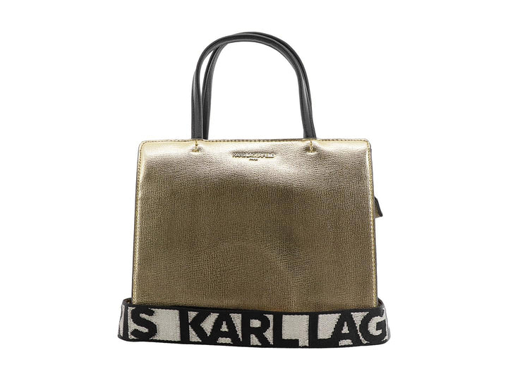 Bolso satchel Karl Lagerfeld en color dorado metálico con asas negras y banda inferior blanca y negra.