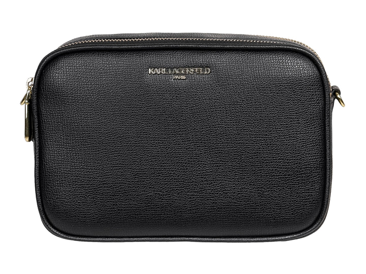 Bolso negro de cuero texturizado con detalles y logotipo en color dorado de Karl Lagerfeld.