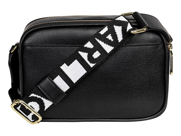 Bolso negro de cuero texturizado con detalles y logotipo en color dorado de Karl Lagerfeld.