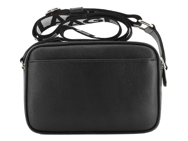 Bolso negro de cuero texturizado con detalles y logotipo en color dorado de Karl Lagerfeld.