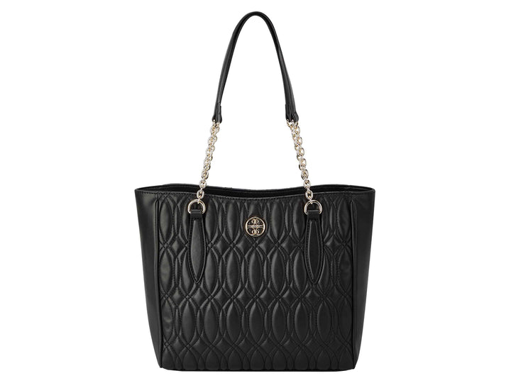 Bolso tote negro acolchado de Nine West con asas de cadena dorada.