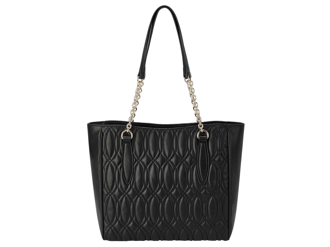 Bolso tote negro acolchado de Nine West con asas de cadena dorada.