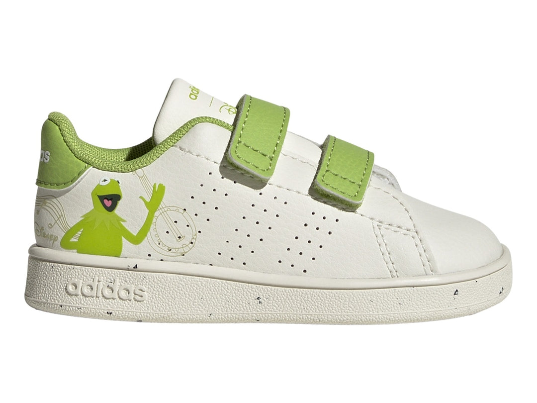 Tenis Adidas blancos y verdes para niños con cierre de velcro y gráfico de Kermit la Rana.