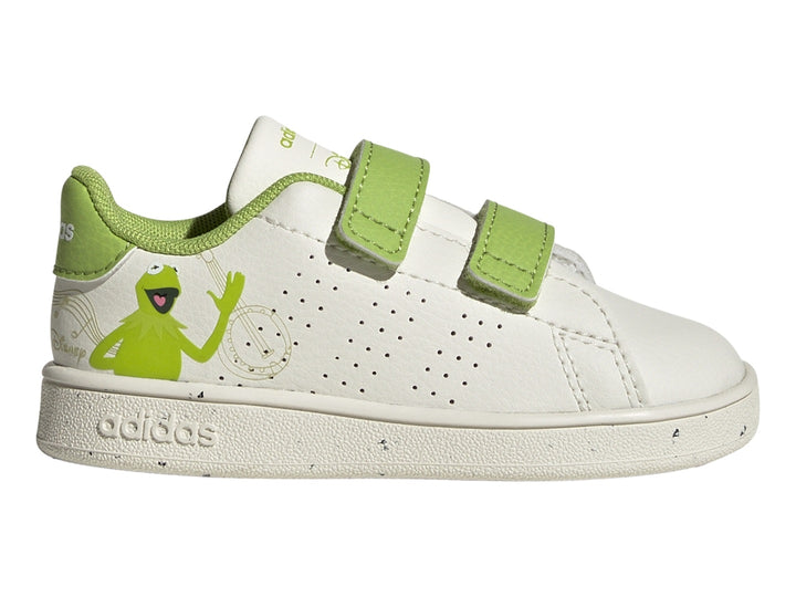 Tenis Adidas blancos y verdes para niños con cierre de velcro y gráfico de Kermit la Rana.