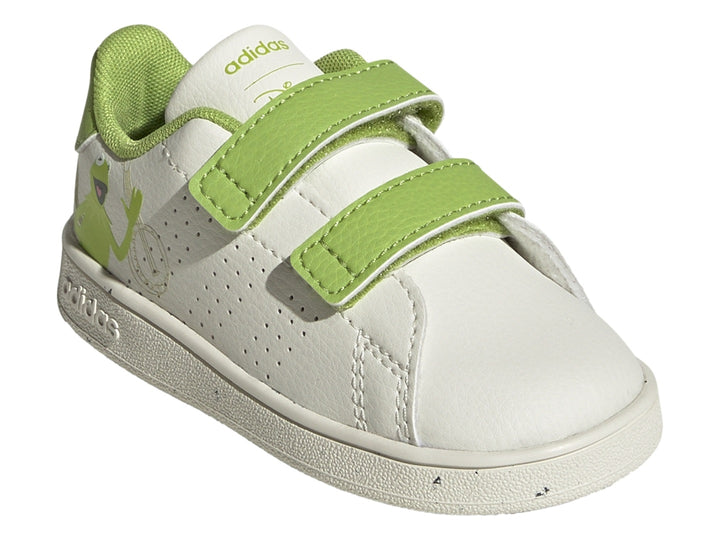 Tenis Adidas blancos y verdes para niños con cierre de velcro y gráfico de Kermit la Rana.