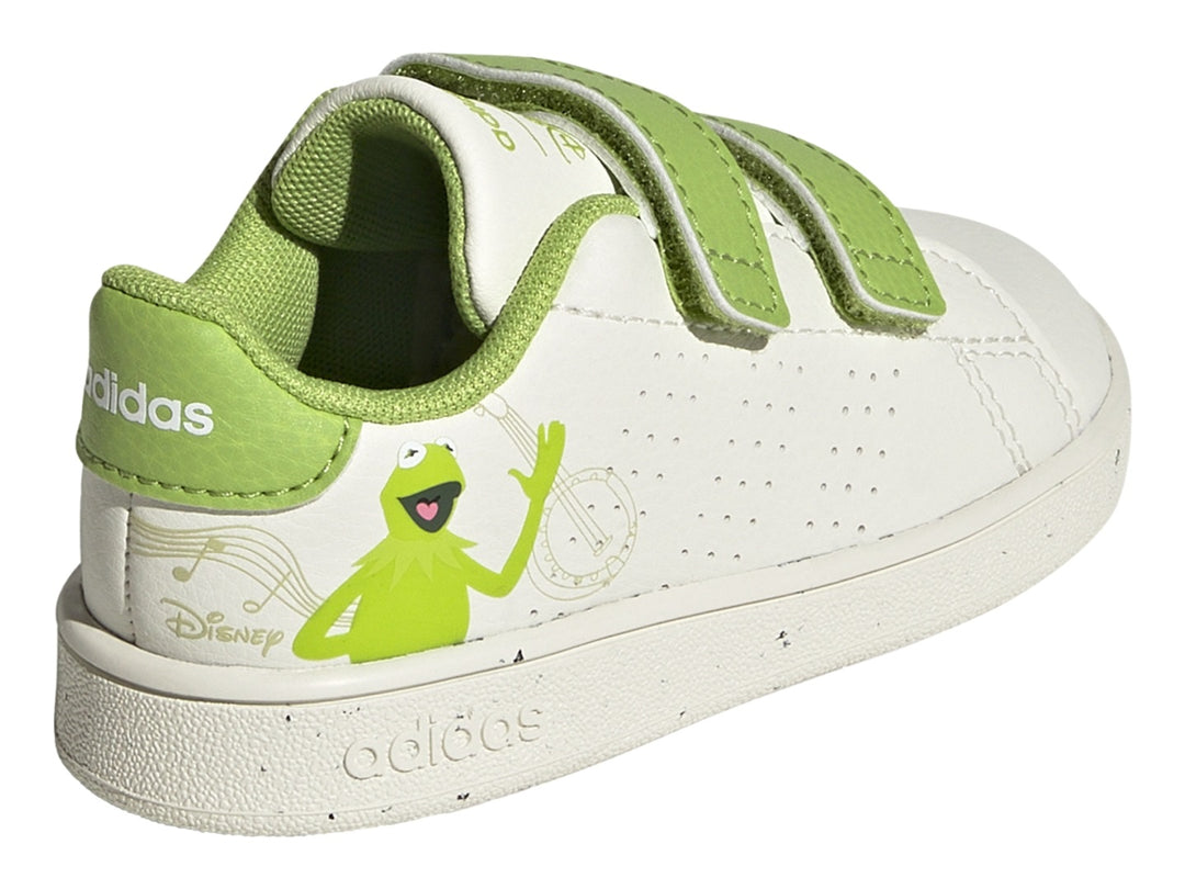 Tenis Adidas blancos y verdes para niños con cierre de velcro y gráfico de Kermit la Rana.