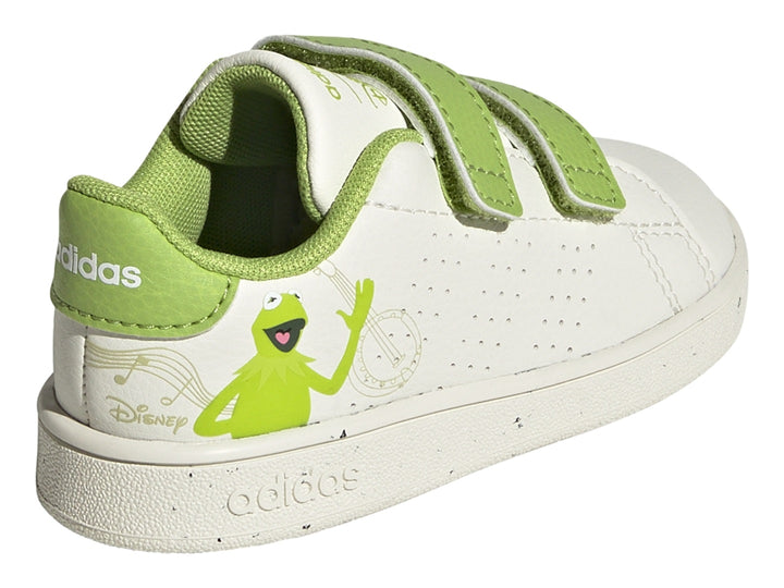Tenis Adidas blancos y verdes para niños con cierre de velcro y gráfico de Kermit la Rana.