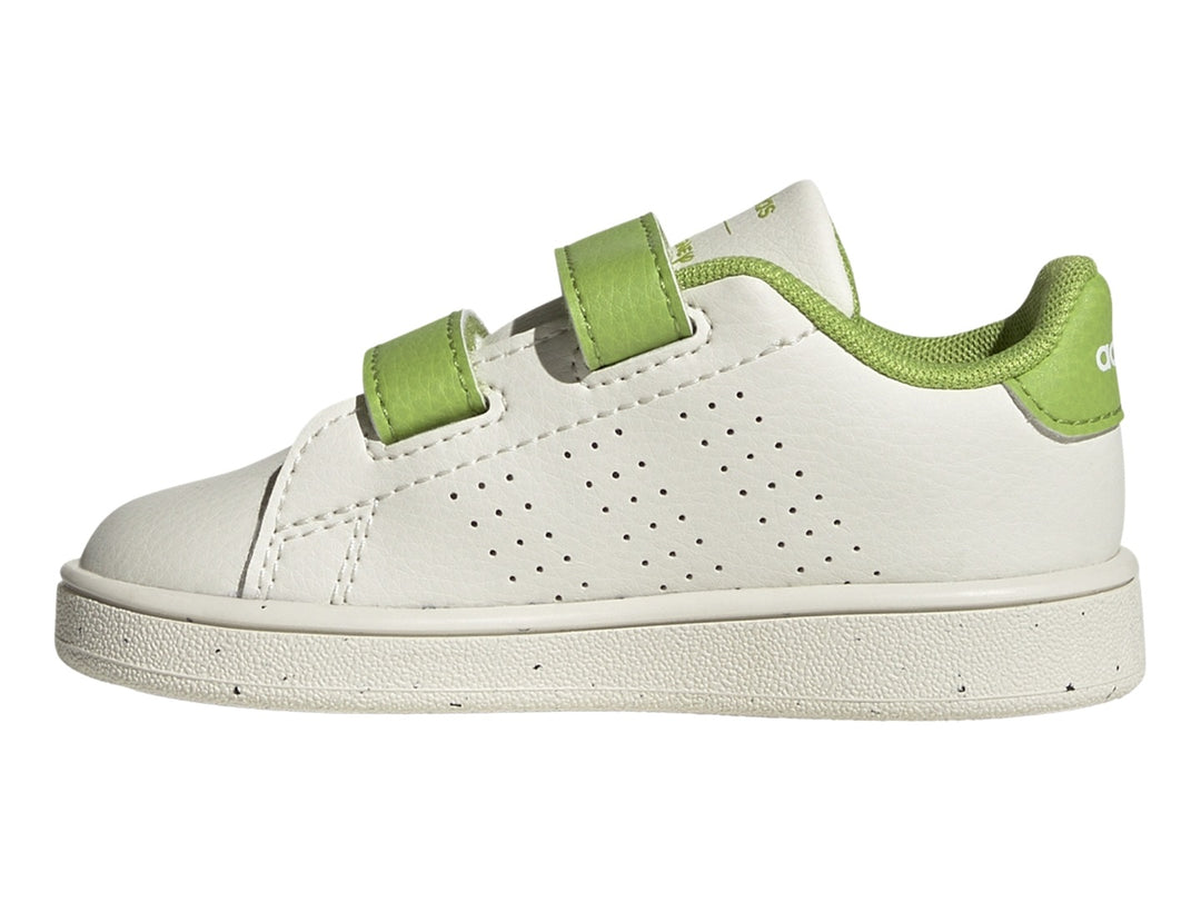 Tenis Adidas blancos y verdes para niños con cierre de velcro y gráfico de Kermit la Rana.