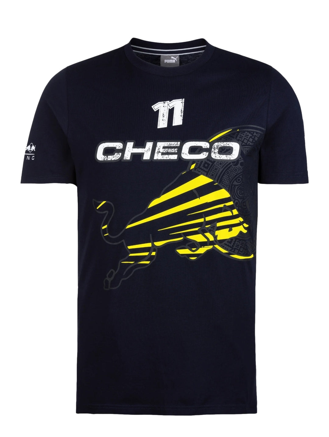 Camiseta deportiva PUMA color azul marino con estampado de Checo Pérez y gráfico de toro en amarillo y blanco.