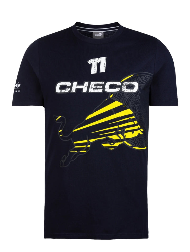 Camiseta deportiva PUMA color azul marino con estampado de Checo Pérez y gráfico de toro en amarillo y blanco.