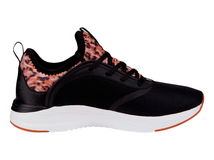 Tenis PUMA negros con detalles en animal print dorado y suela blanca para mujer.
