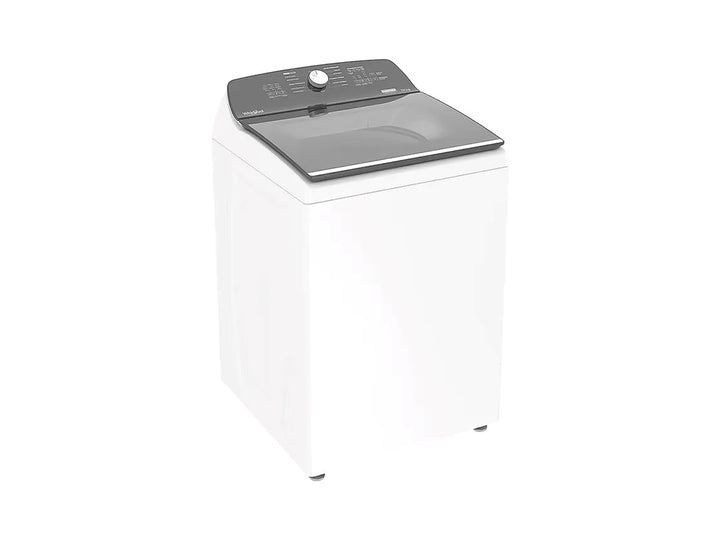 Lavadora Whirlpool de carga superior color blanco con tapa y panel de control negro.