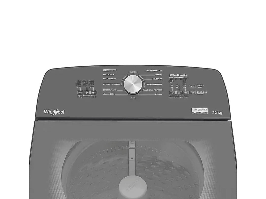 Lavadora Whirlpool de carga superior color blanco con tapa y panel de control negro.