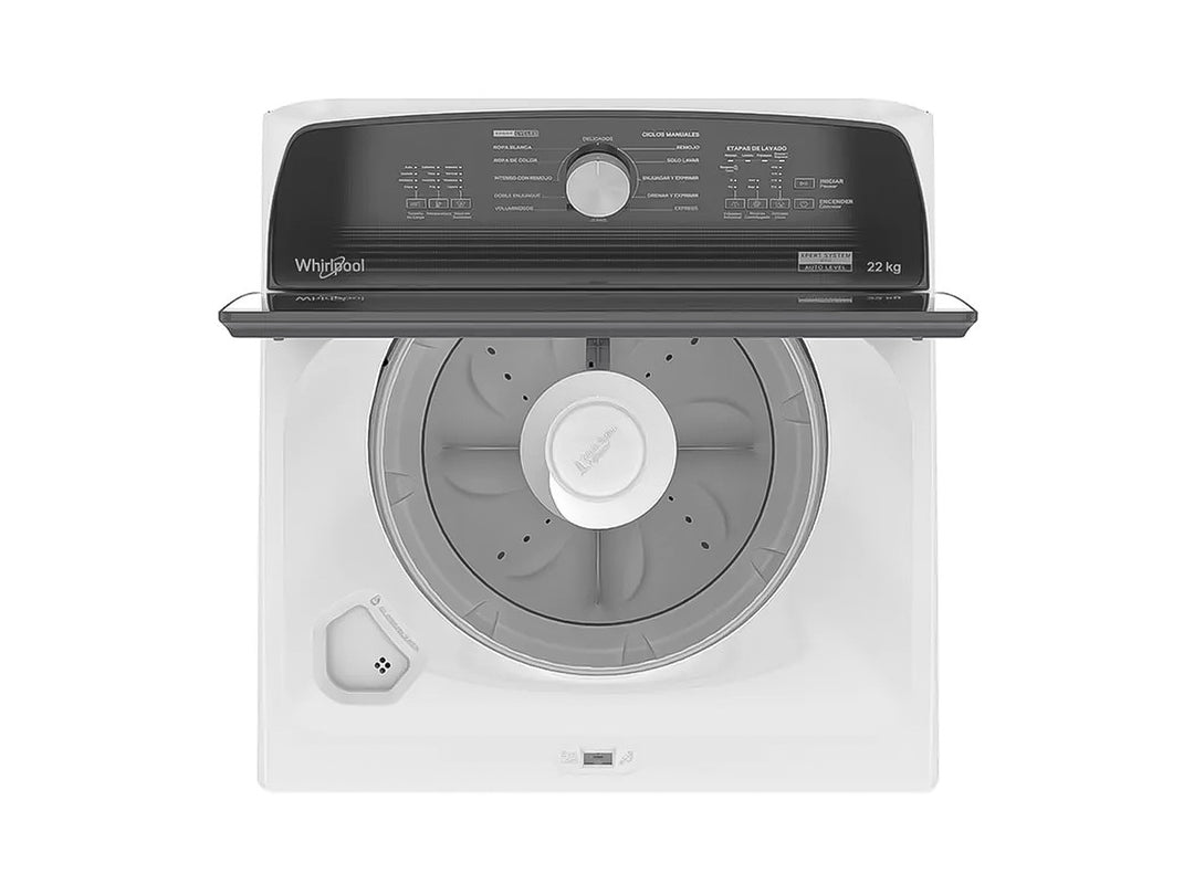 Lavadora Whirlpool de carga superior color blanco con tapa y panel de control negro.