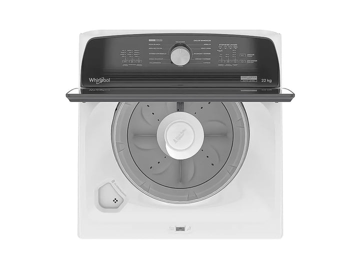 Lavadora Whirlpool de carga superior color blanco con tapa y panel de control negro.