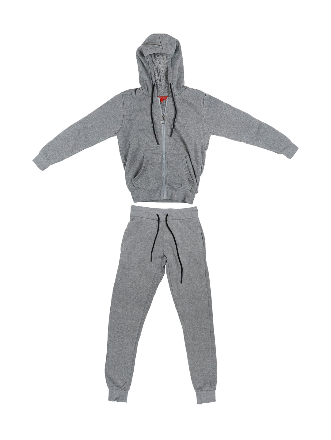 Conjunto casual de color gris compuesto por una sudadera con capucha y cierre, y pantalones deportivos a juego.