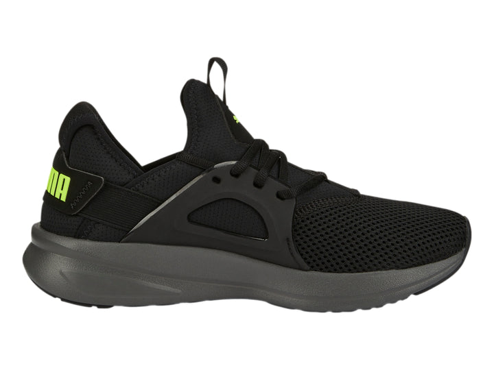 Tenis deportivos PUMA Softride Enzo Evo en color negro con suela gris y detalles en verde lima.