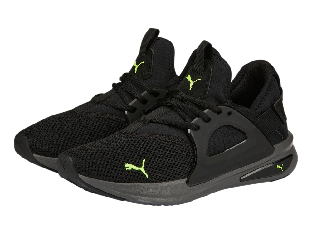 Tenis deportivos PUMA Softride Enzo Evo en color negro con suela gris y detalles en verde lima.